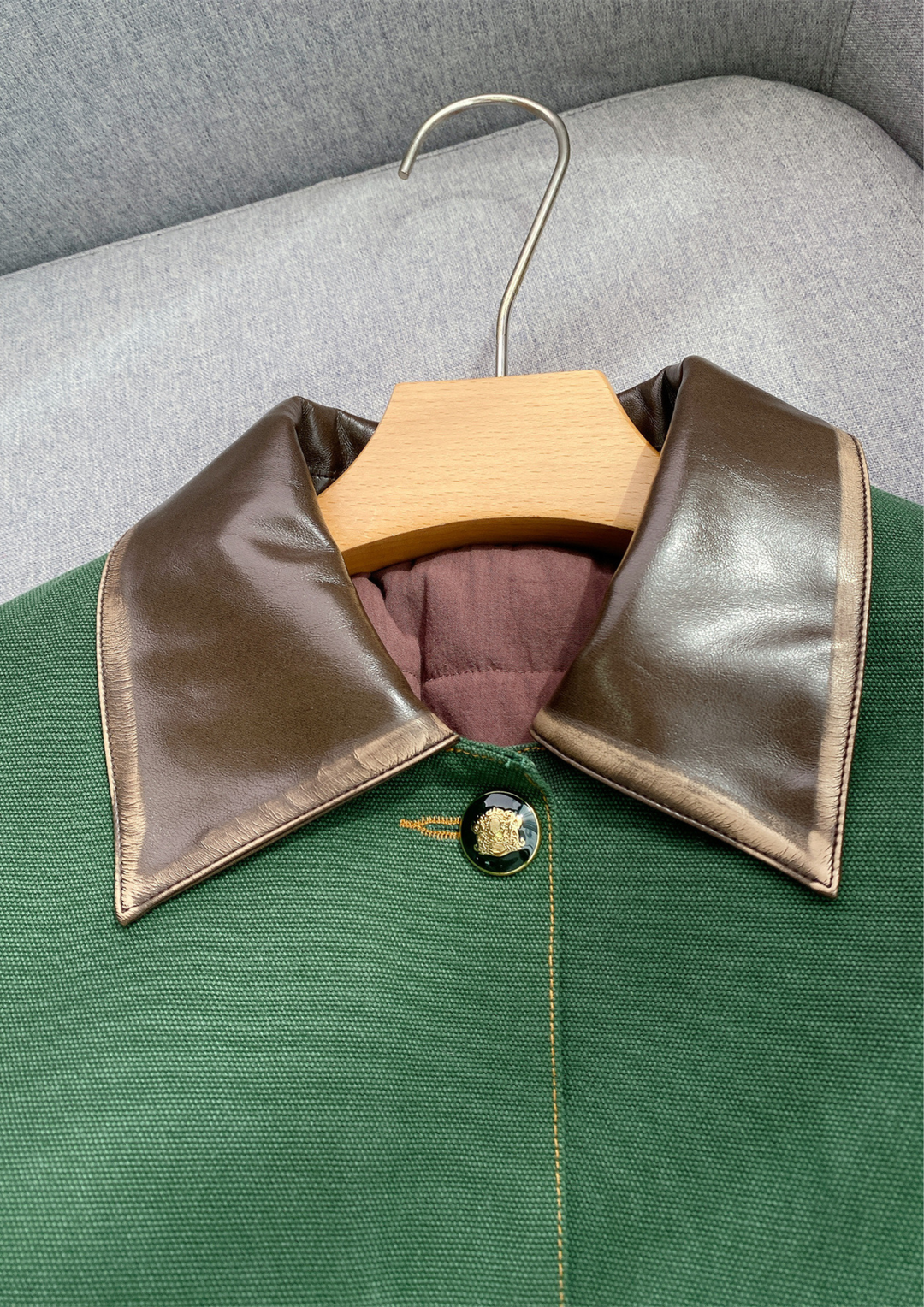 Leather Collar Casual Denim Green Jacket