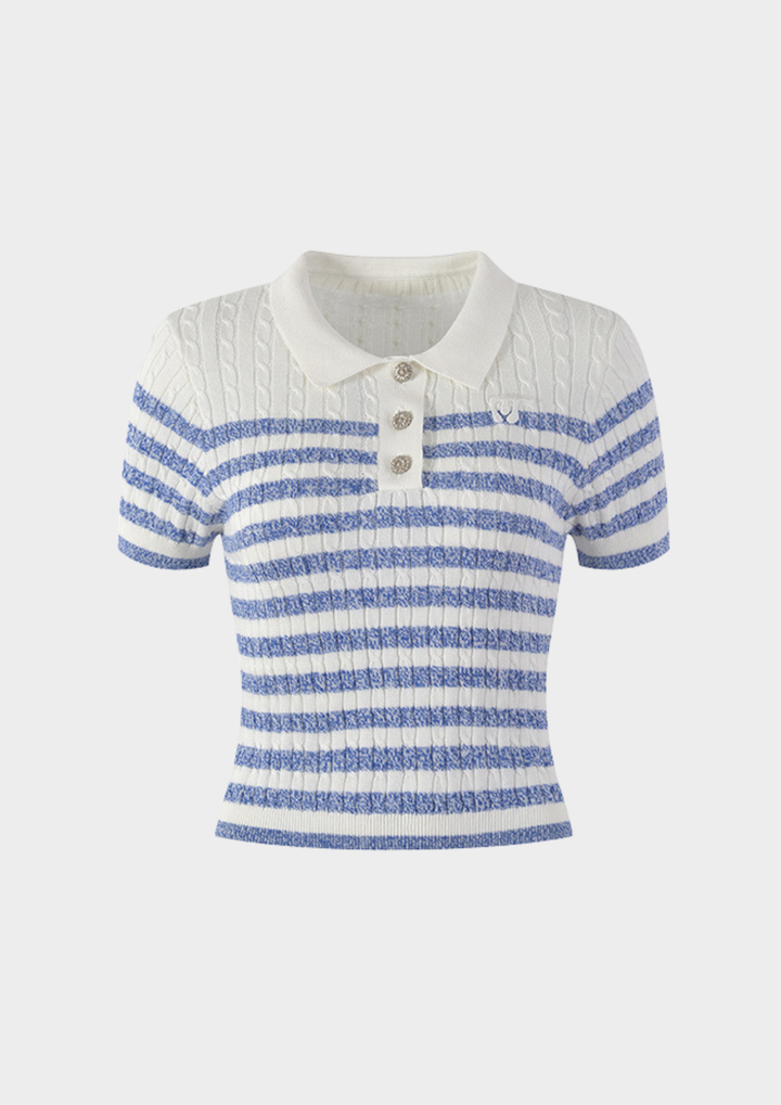 Blue Stripe Knit Polo Top