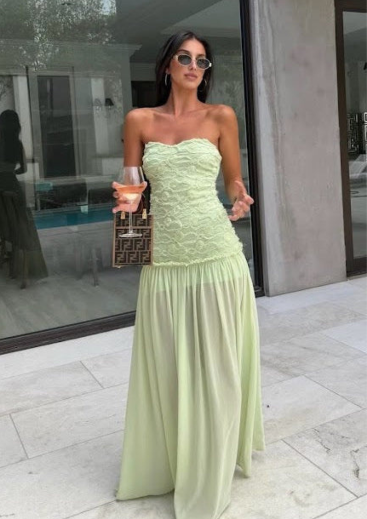 Rosette Chiffon Strapless Maxi Dress