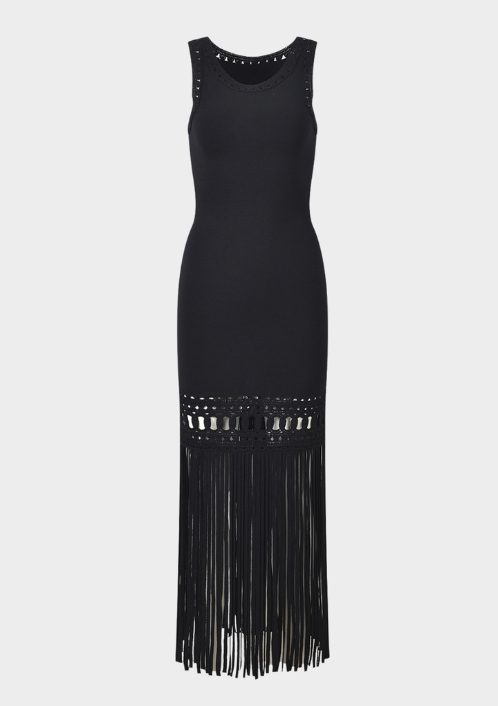 Noir Fringe Knit Maxi Dress