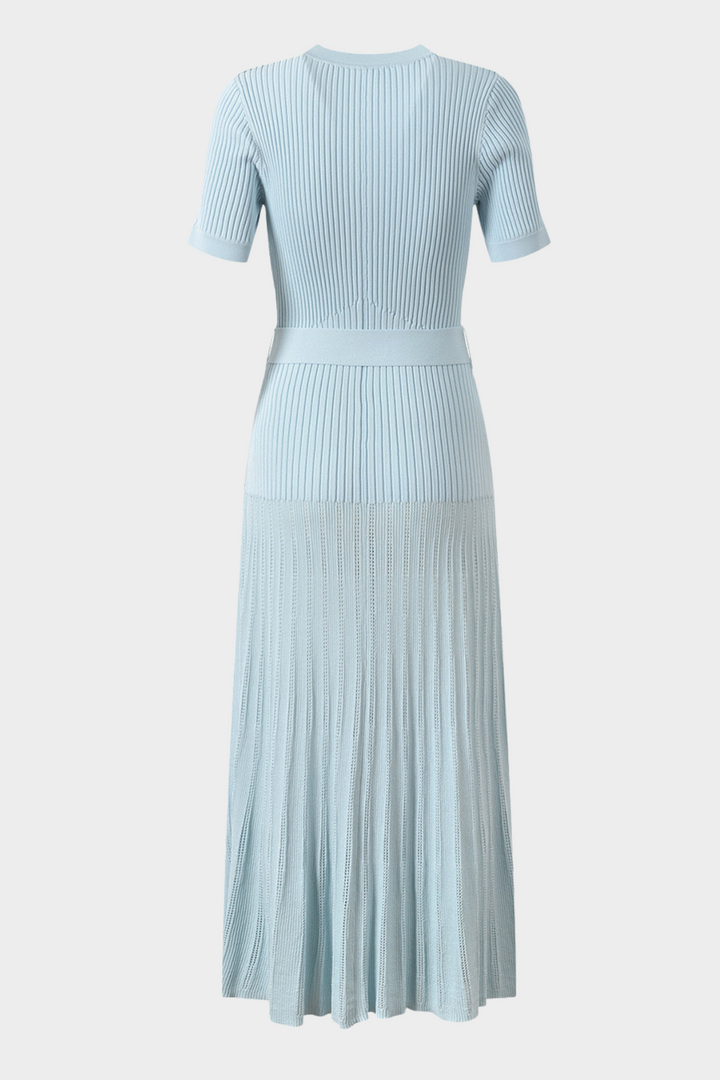 Belted Ribbed Knit  Viscose Pleated Elegance Maxi Dress