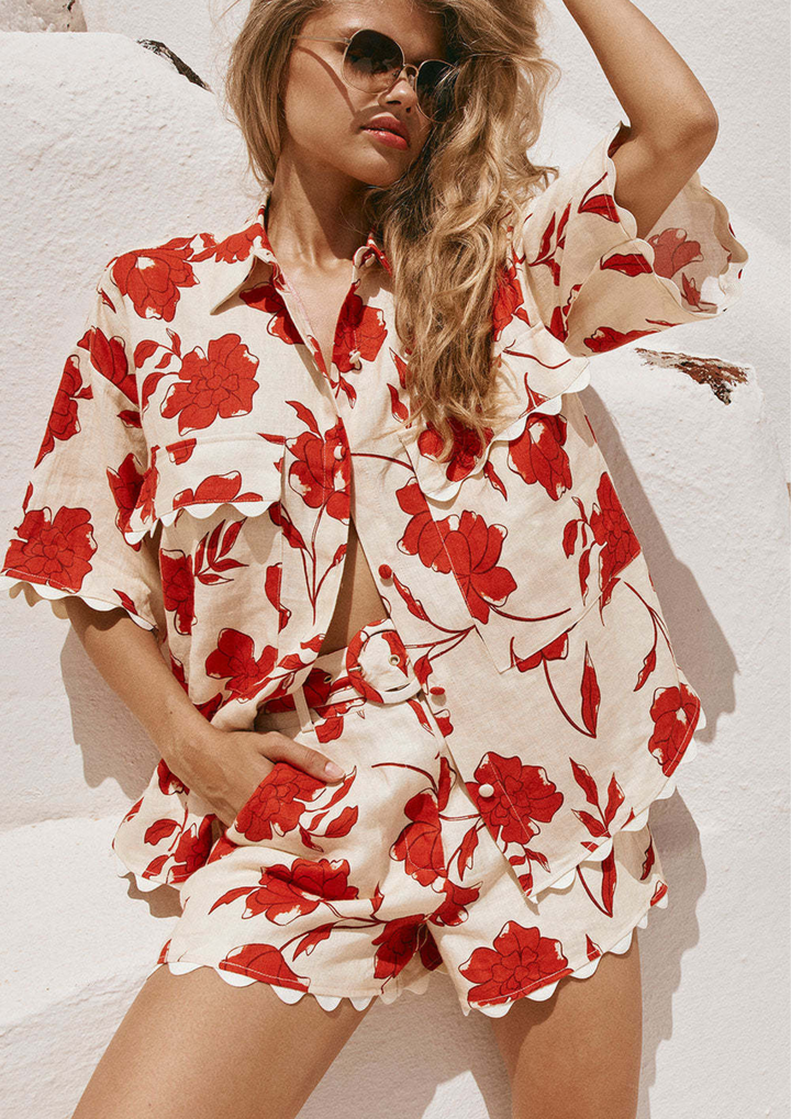 Red Floral Belted Shorts Set