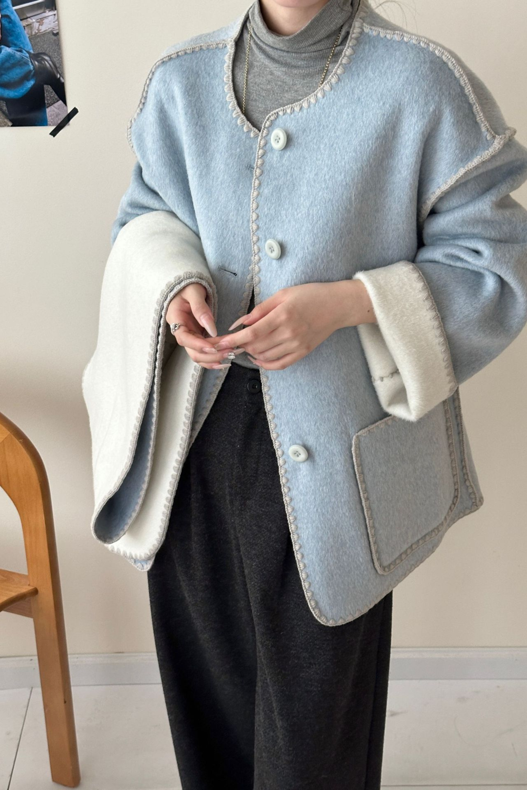 Angelic Soft Stitch Coat Scarf Cardigan - Sky Ivory