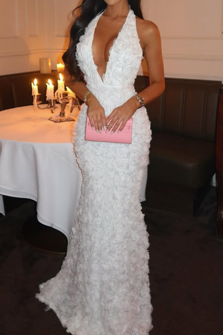 Vienna White Rose Floral Backless Fishtail Maxi Dress