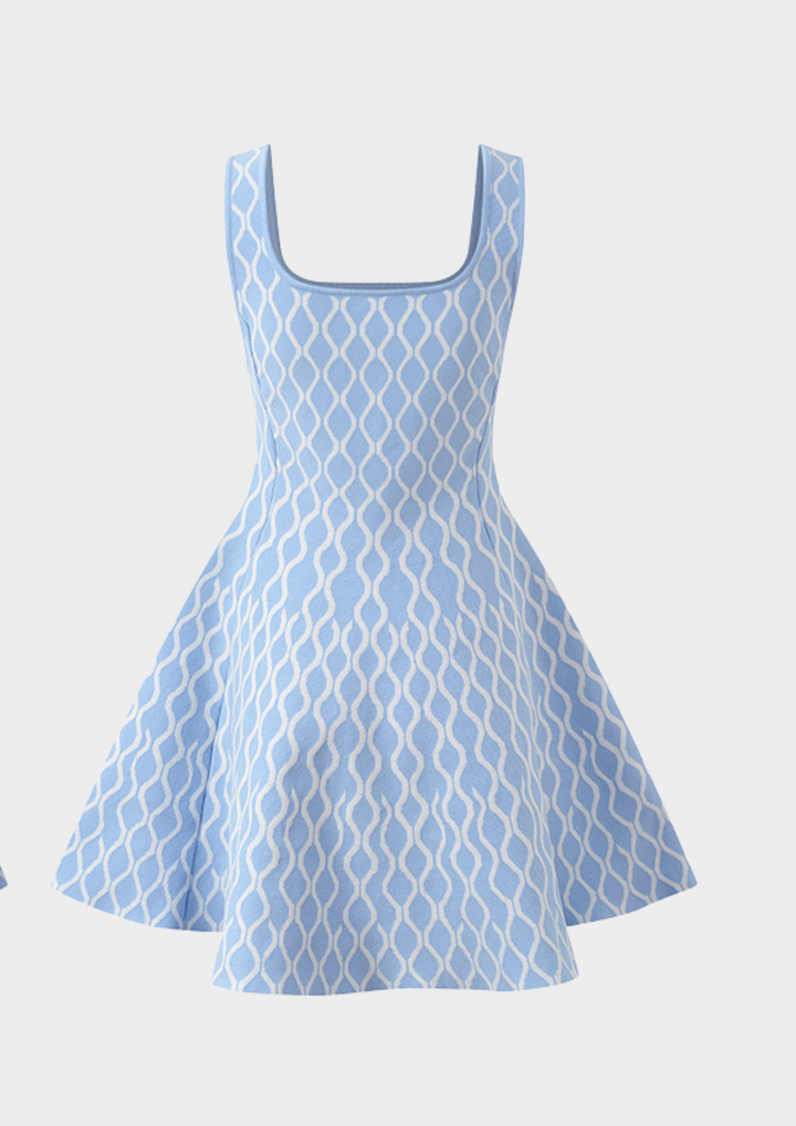 Azure Wave Flare Knit Mini Dress