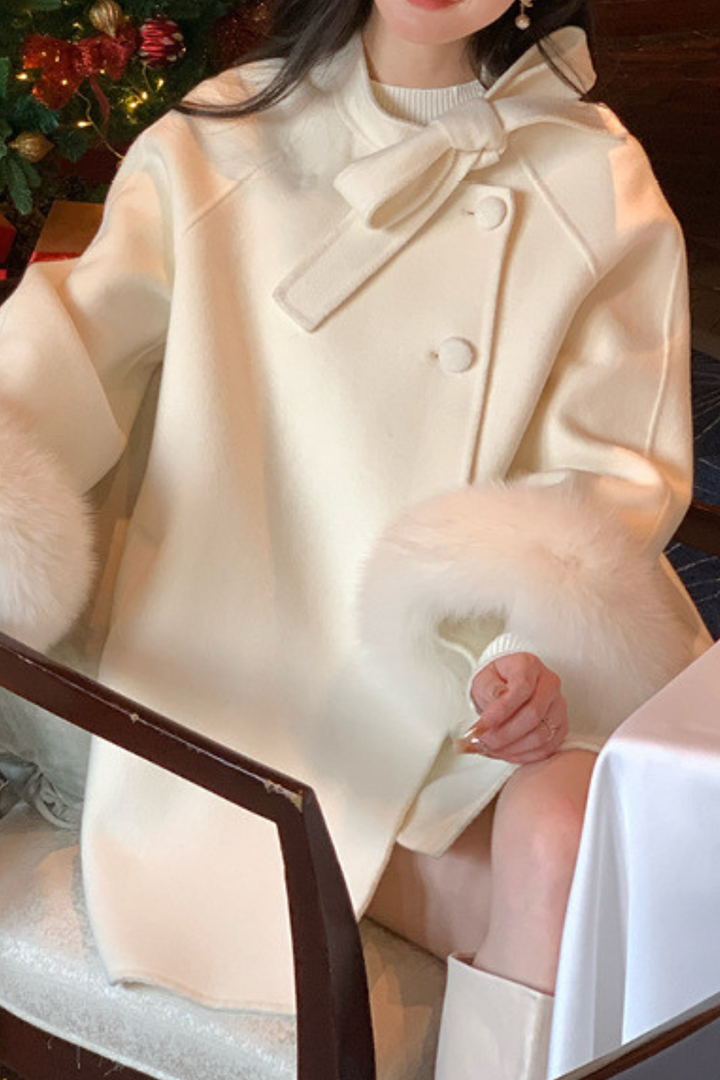 Fox Fur Wool Poncho Bow Statement Cuffs Coat