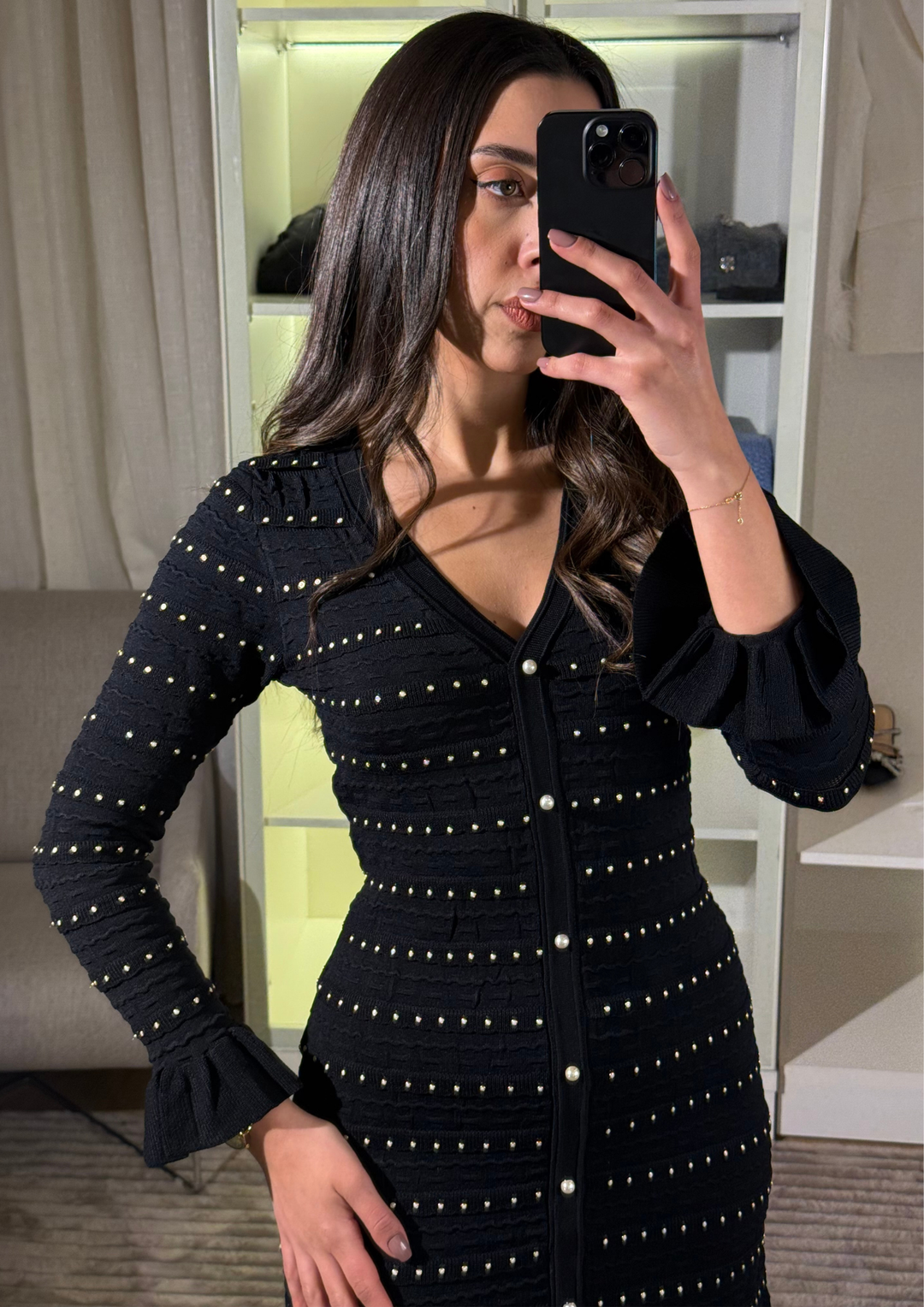 Elegant Pearl V Neck Maxi Dress