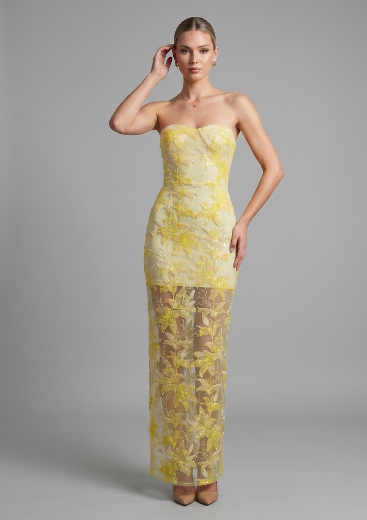 Golden Blossom Embroidered Strapless Gown