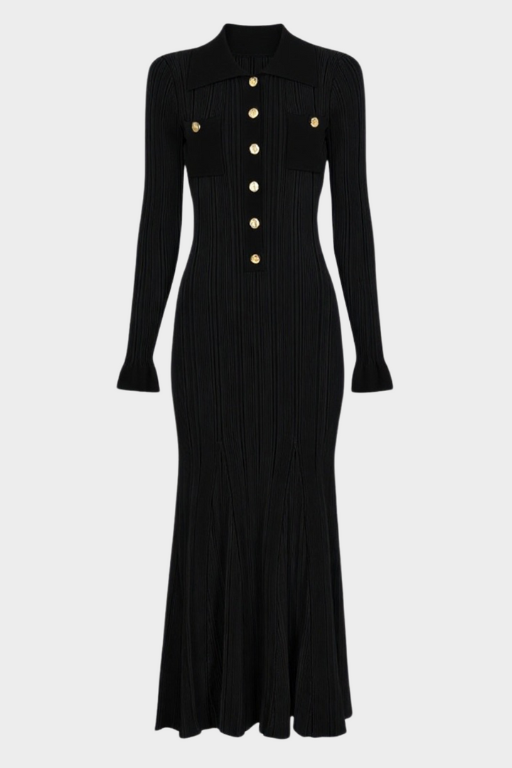 Viscose  Lapel Gold Buttons  Flared Hem Maxi Dress