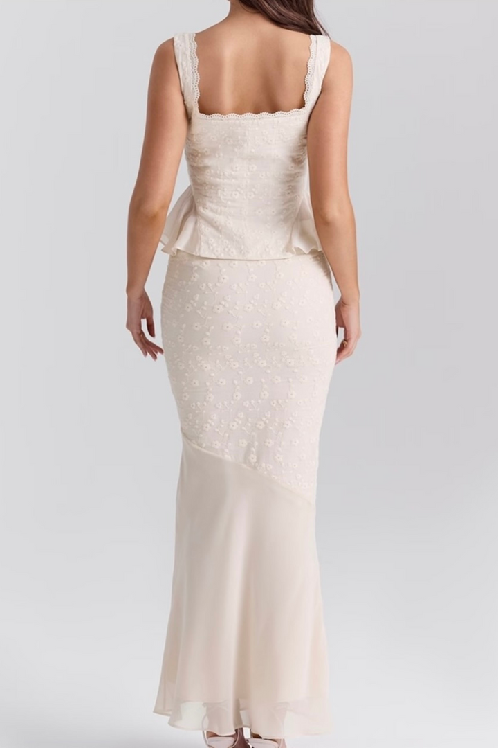 Ivory Bloom Peplum Embroidered Mesh Maxi Skirt Set