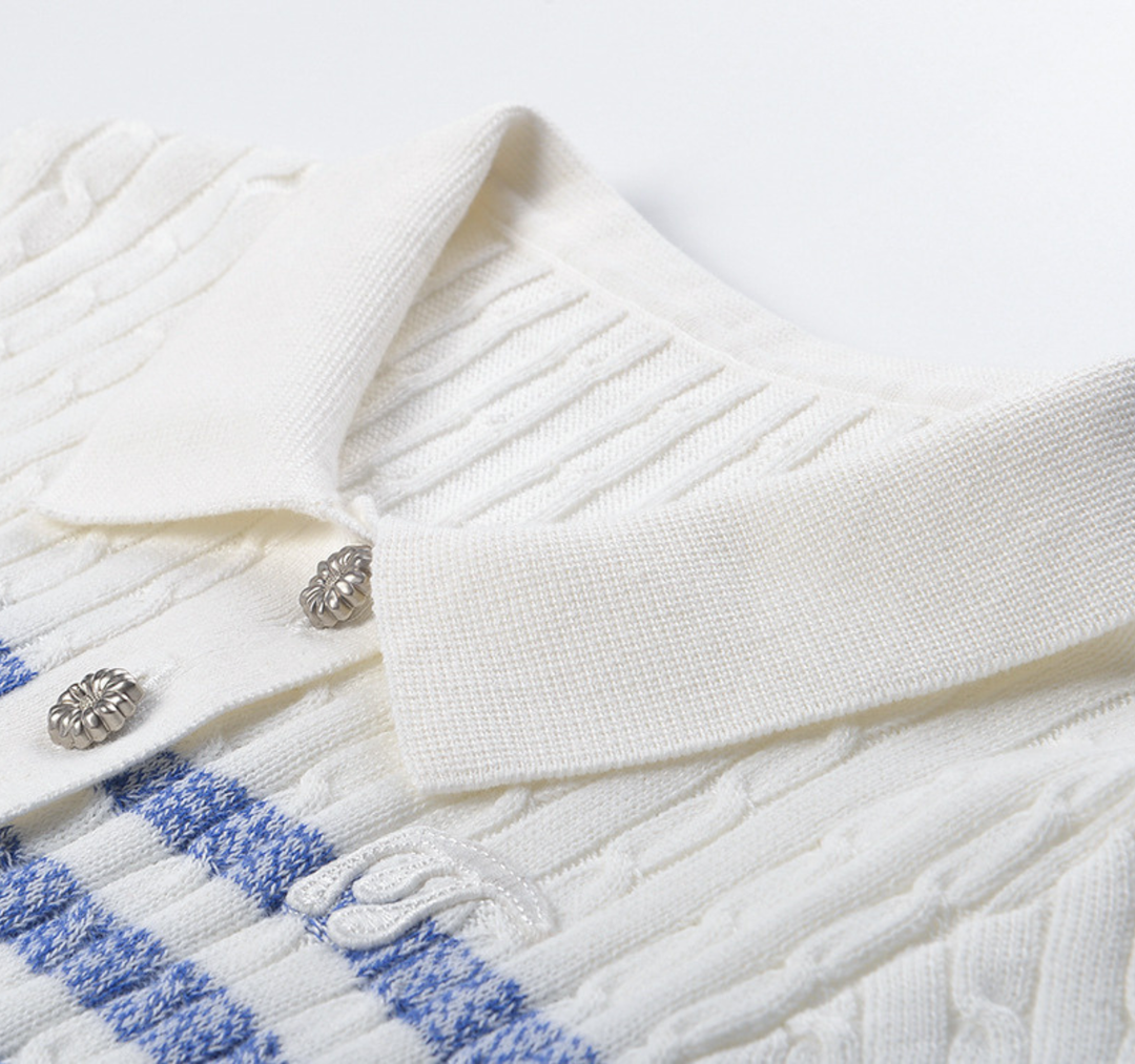 Blue Stripe Knit Polo Top