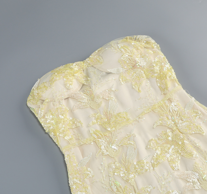 Golden Blossom Embroidered Strapless Gown