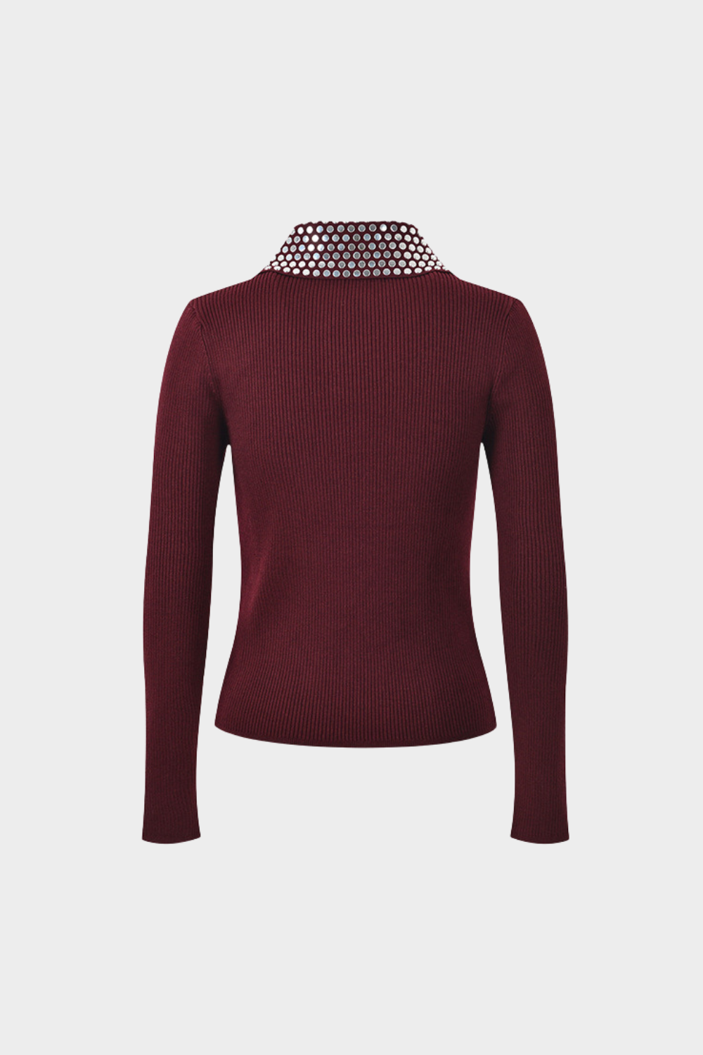 Elegant Burgundy Stud Collar Ribbed Wool Polo Top