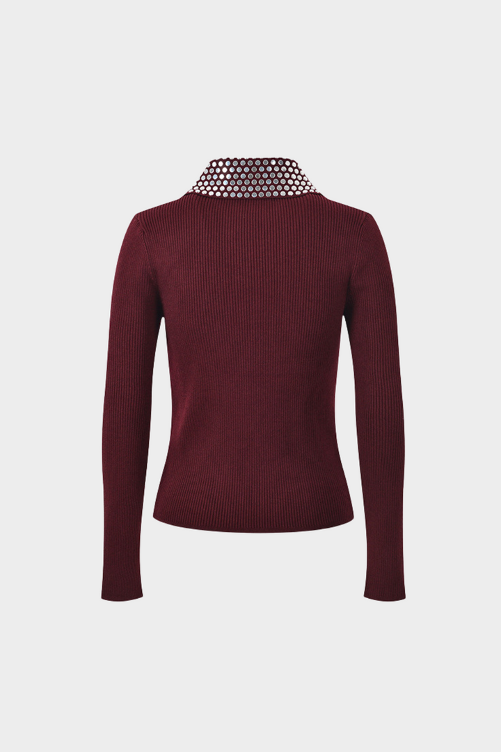 Elegant Burgundy Stud Collar Ribbed Wool Polo Top