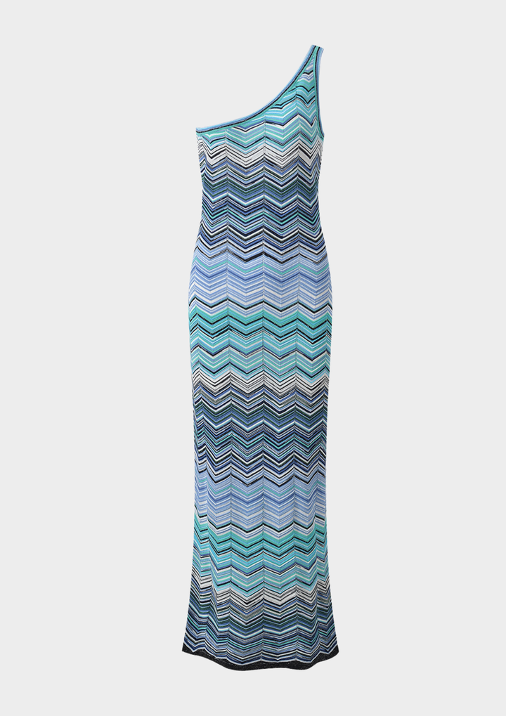 Azure Wave One Shoulder Knit Maxi Dress