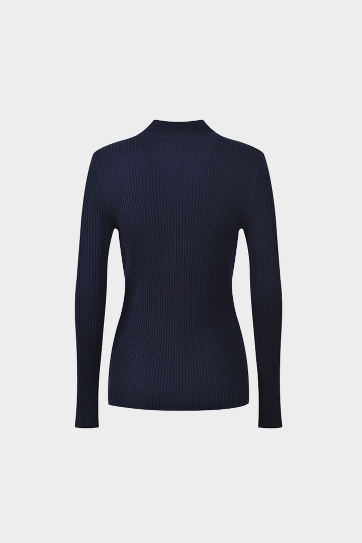 Navy Blue Soft Wool Ribbed V-Neck  Button Top