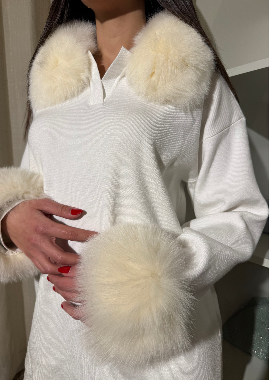 Velora Real Fox Fur Knit Lounge Set - Removable Fur Cuff & Neck