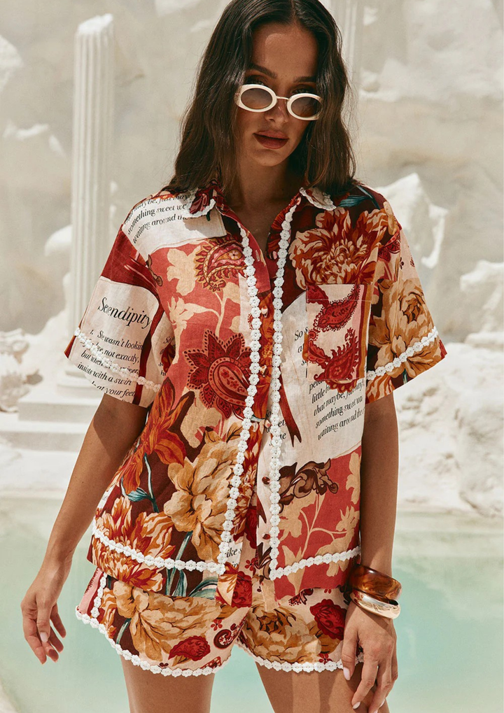 Vintage Floral Belted Shorts Set