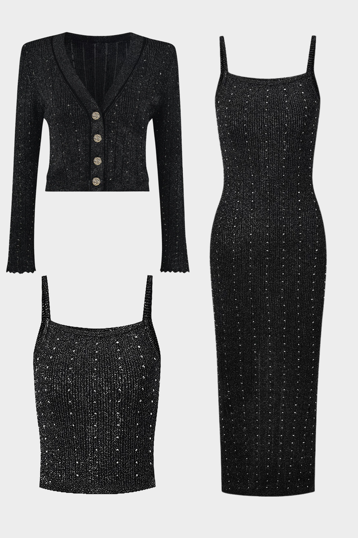 Maribel Contrast Collar Diamond  Knit 3 Piece Set