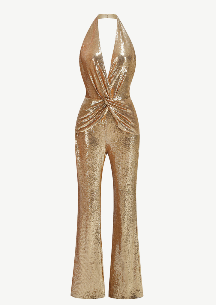 Golden Glam Sequin Halter Jumpsuit