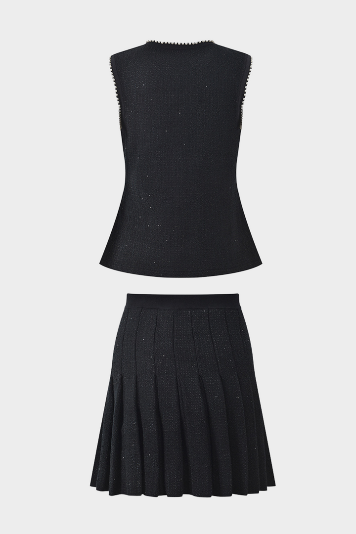 Luxury Pearl Trimmed Beaded Vest & Pleated Skirt Set