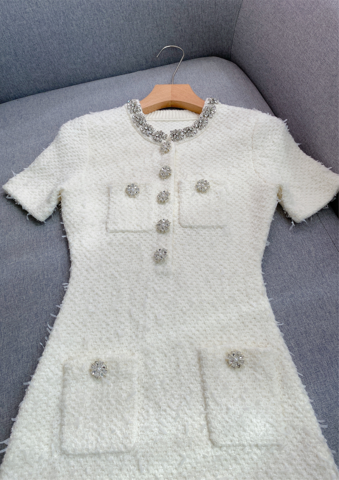 Crystal Bloom Short Sleeve Tweed Knit Mini Dress