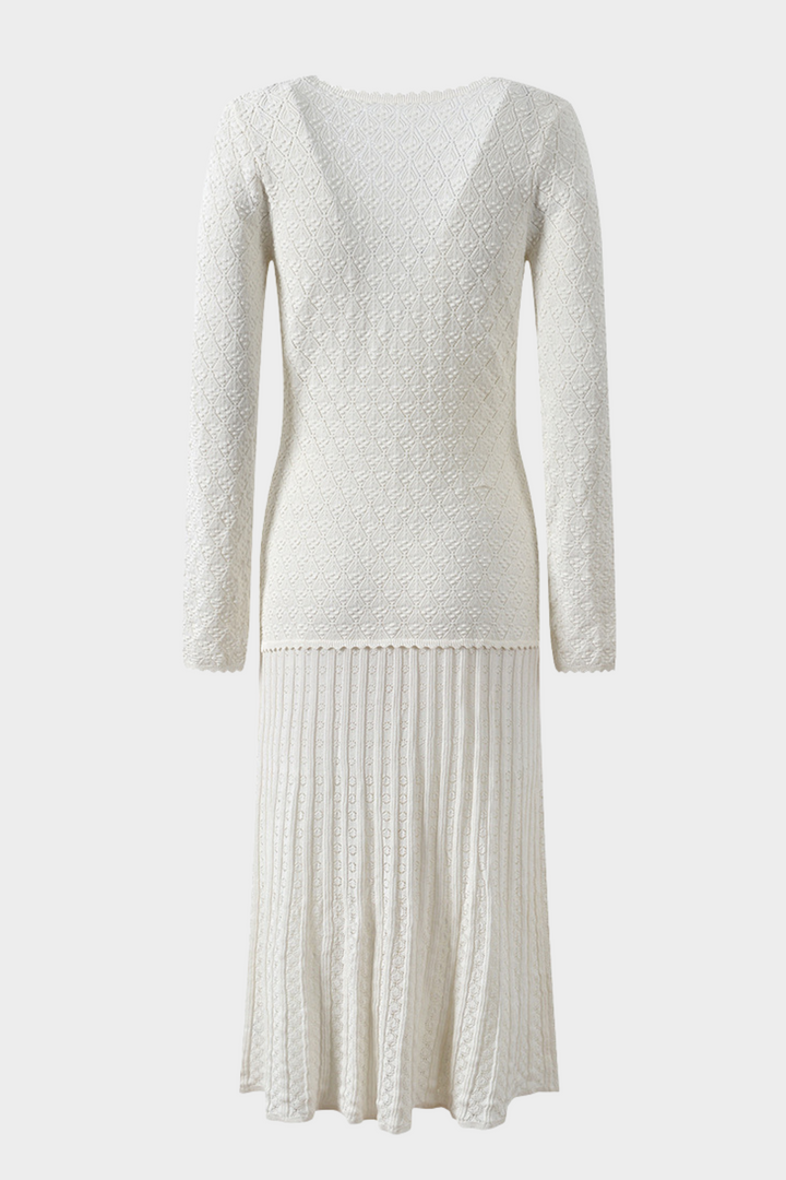 Ivory Luxe Hollow Golden Button Viscose Knit V-Neck Maxi Dress