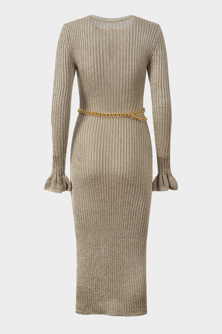 Golden Sand Chain Ribbed Knit Maxi Dress