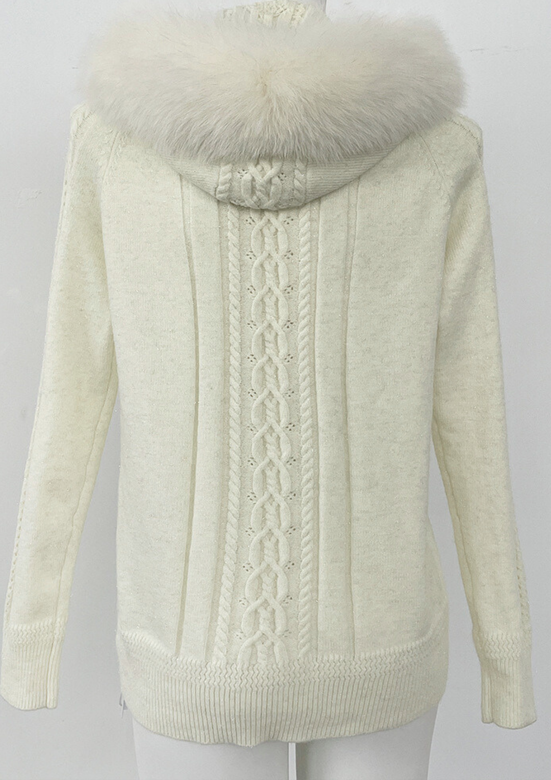 Ivory Fox Fur Collar Wool Knit Hoodie Top