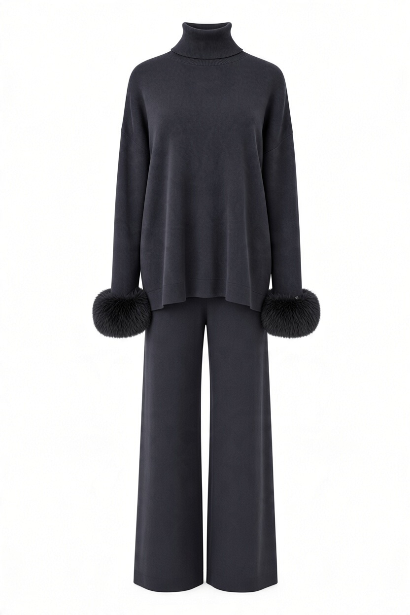 Ivy Real Fox Fur Turtleneck Knit Lounge Set
