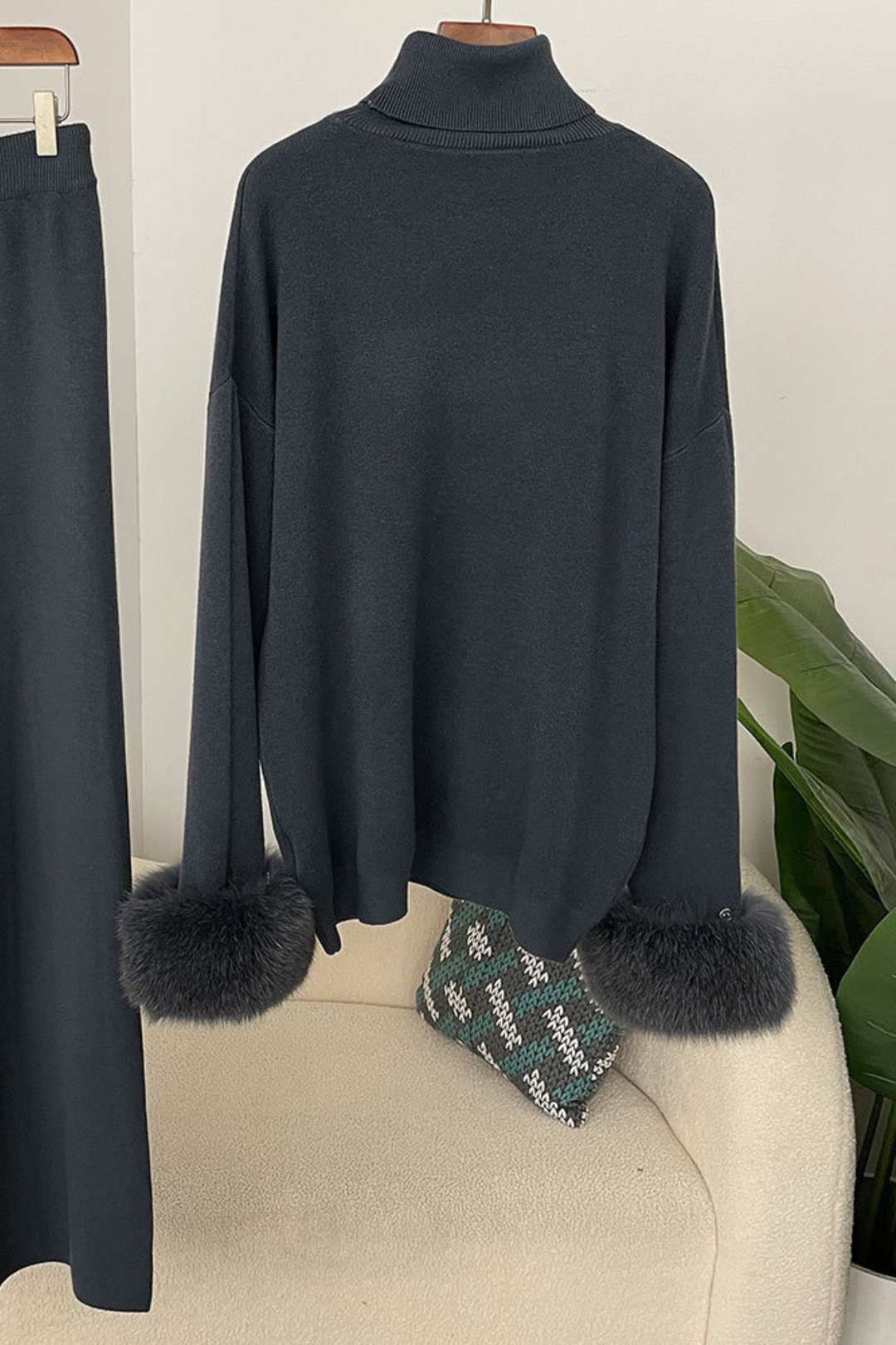 Ivy Real Fox Fur Turtleneck Knit Lounge Set