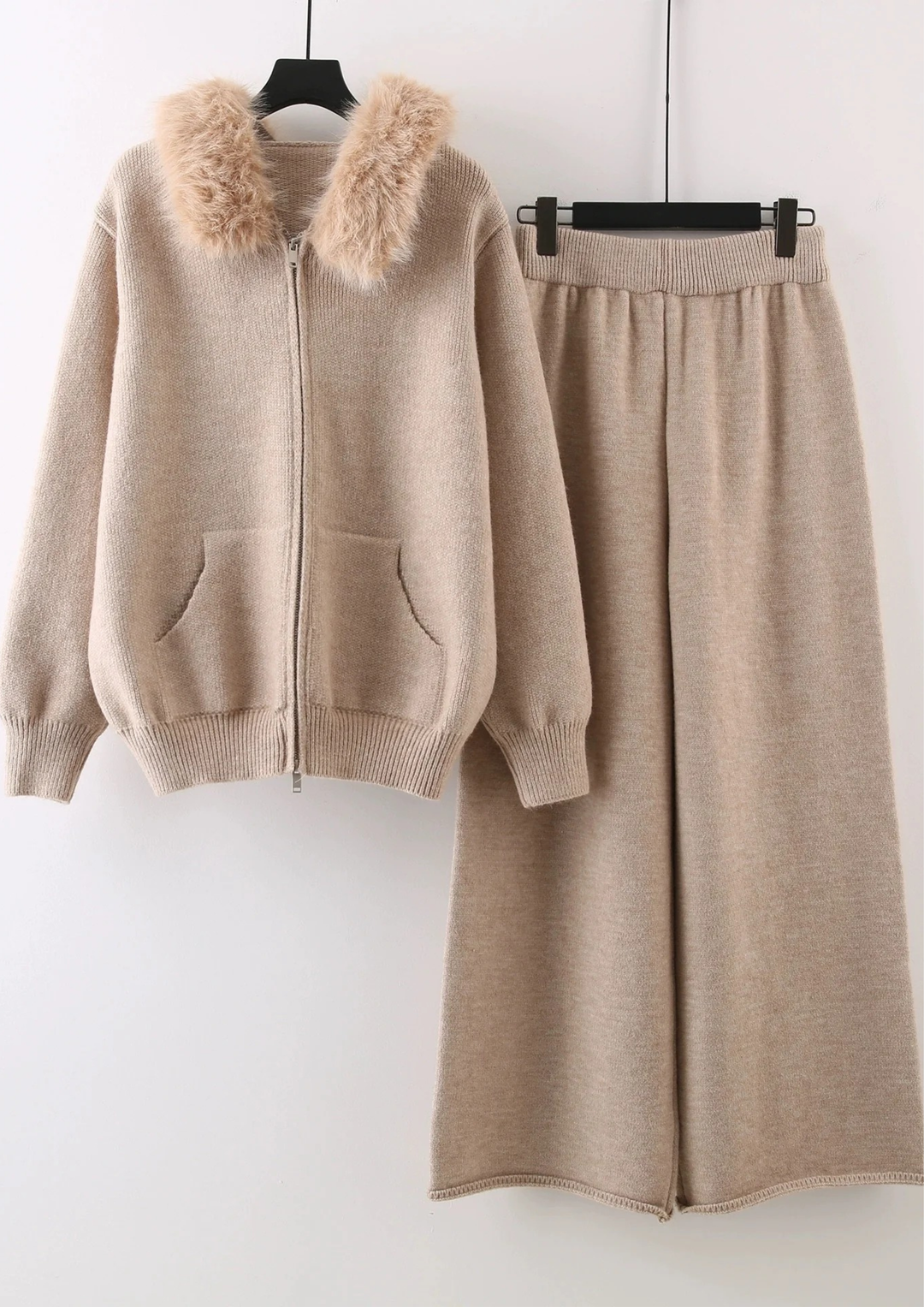 Comfy Lily Fur Trim Zip Hooded Knit Set