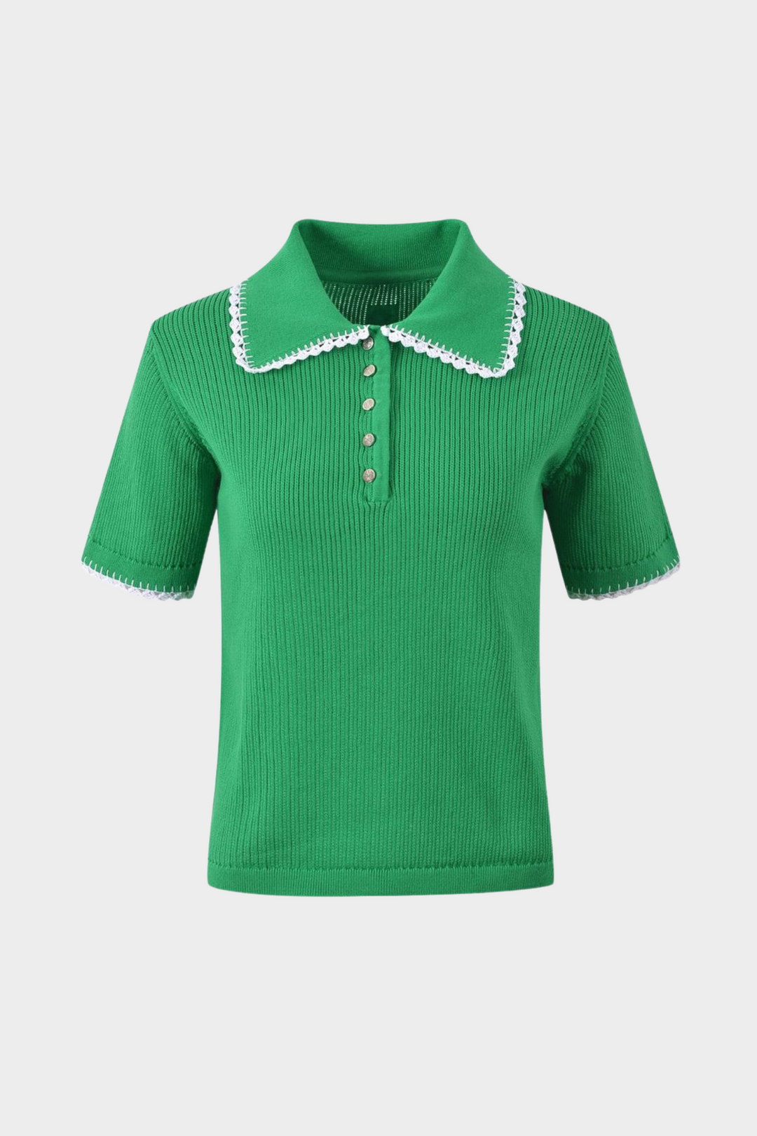 Contrast Lace Trim Viscose  Knit Polo Top