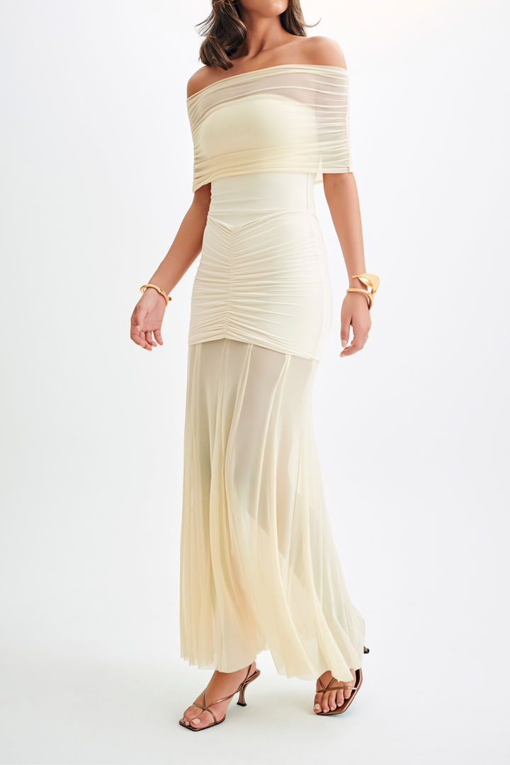 Katie Mesh Ruched Off Shoulder Sheer Maxi Dress
