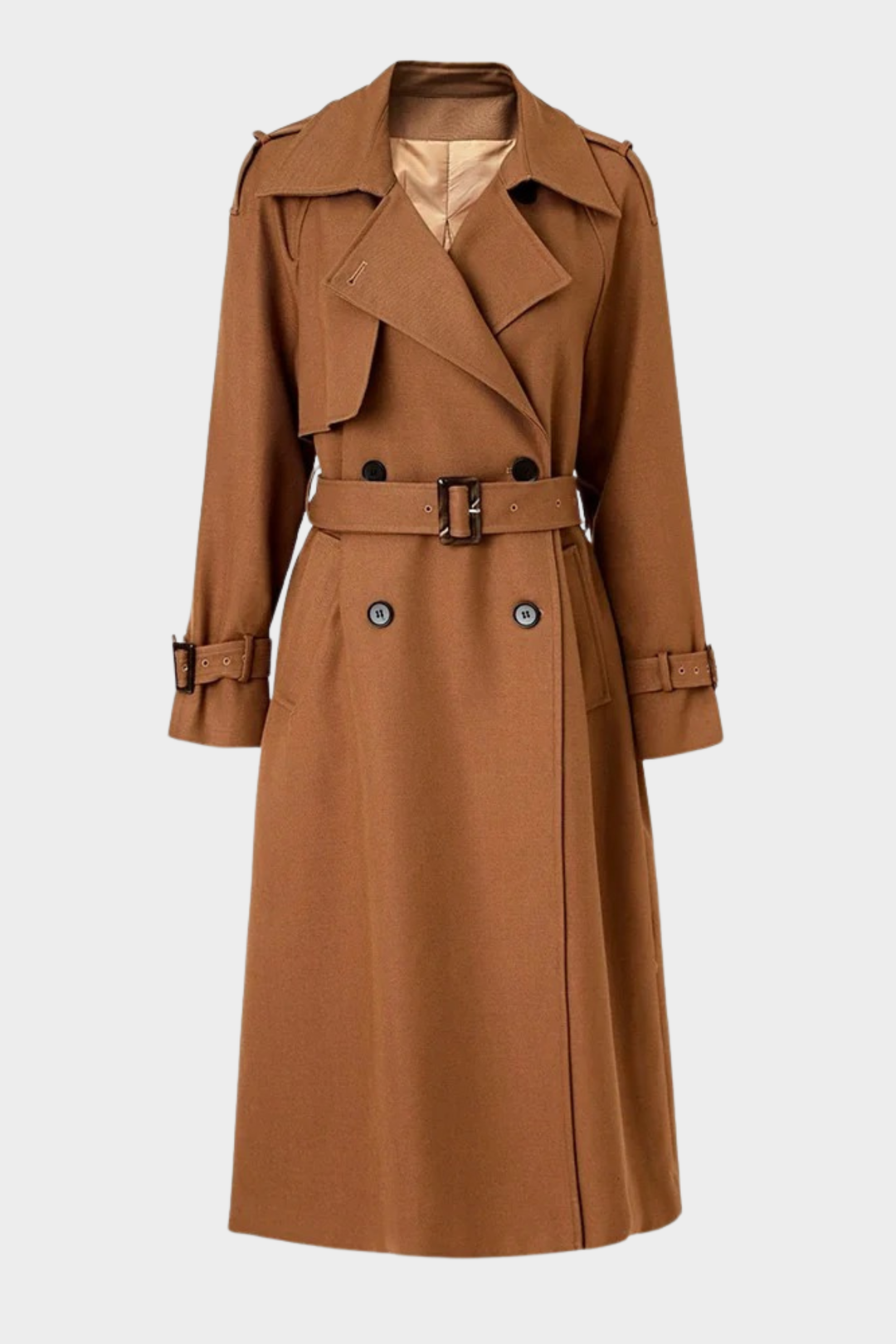 Classic Belted Fall Lapel Collar Adjustable Cuff Long Coat