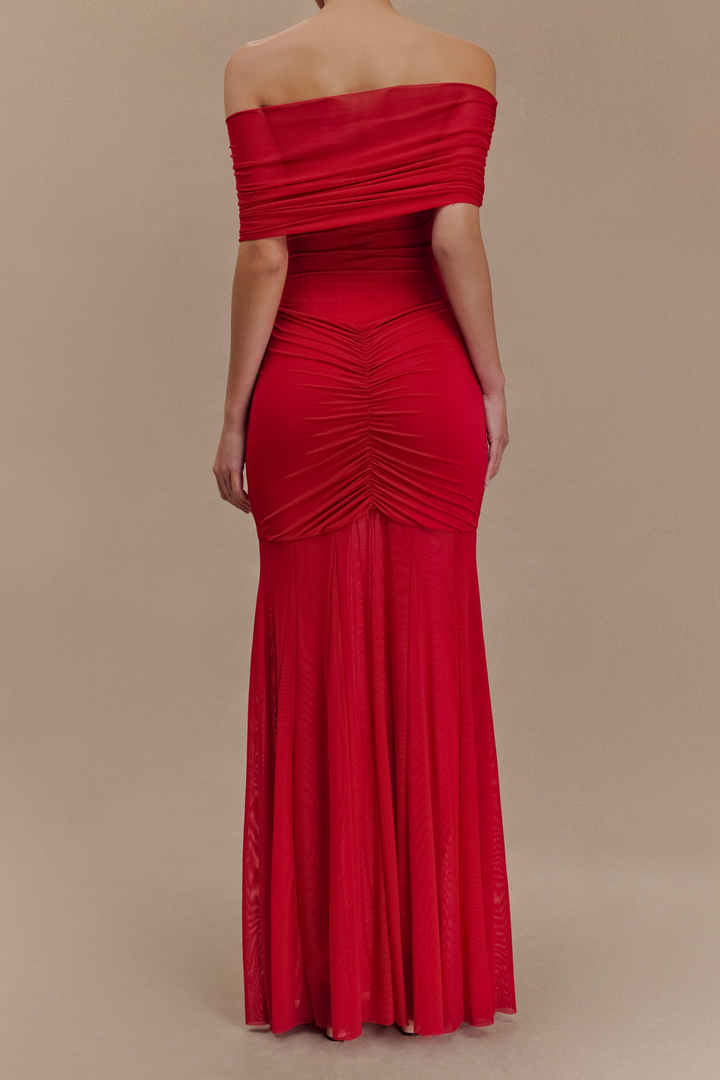 Scarlet Serenity Off Shoulder Ruched Mesh Maxi Dress