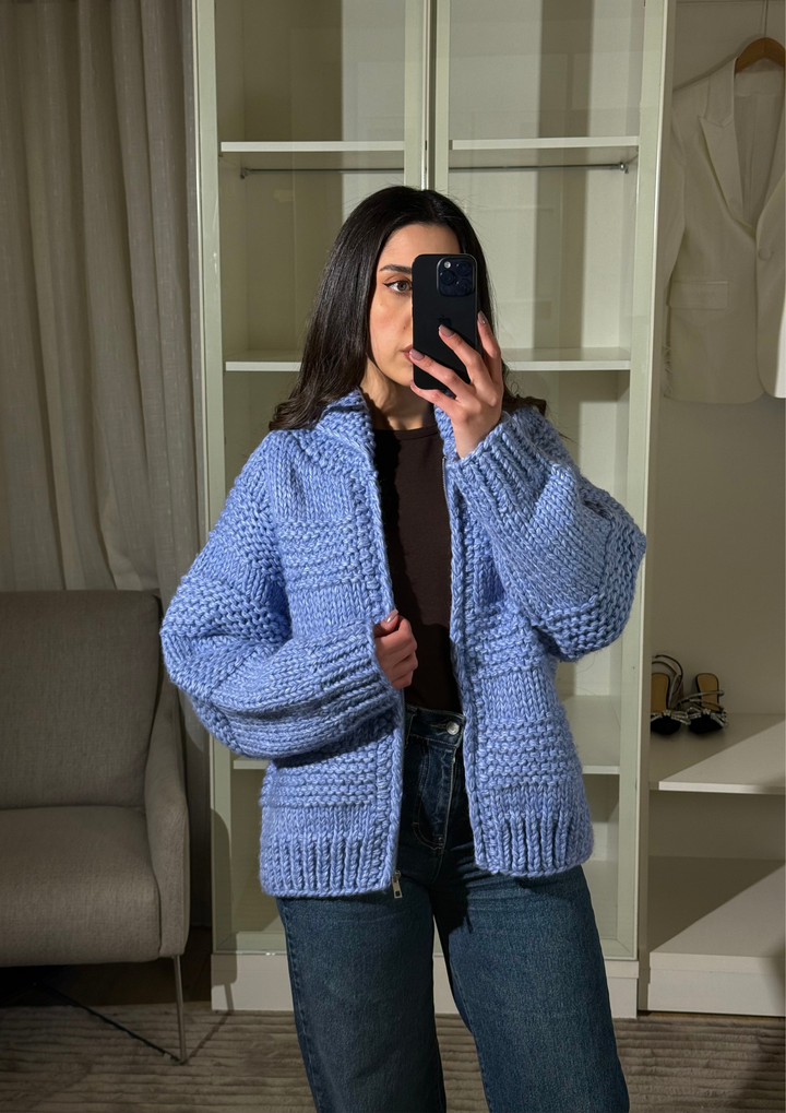 Chunky Wavy Knit Zipper Cozy Jacket