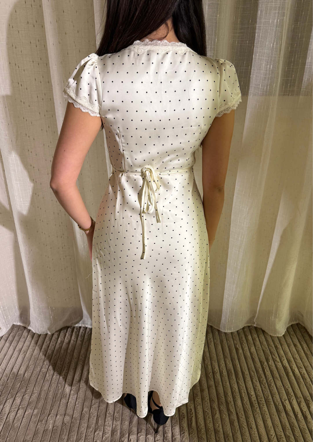 Lily-Retro Charm Polka Dot Satin V Neck Maxi Dress