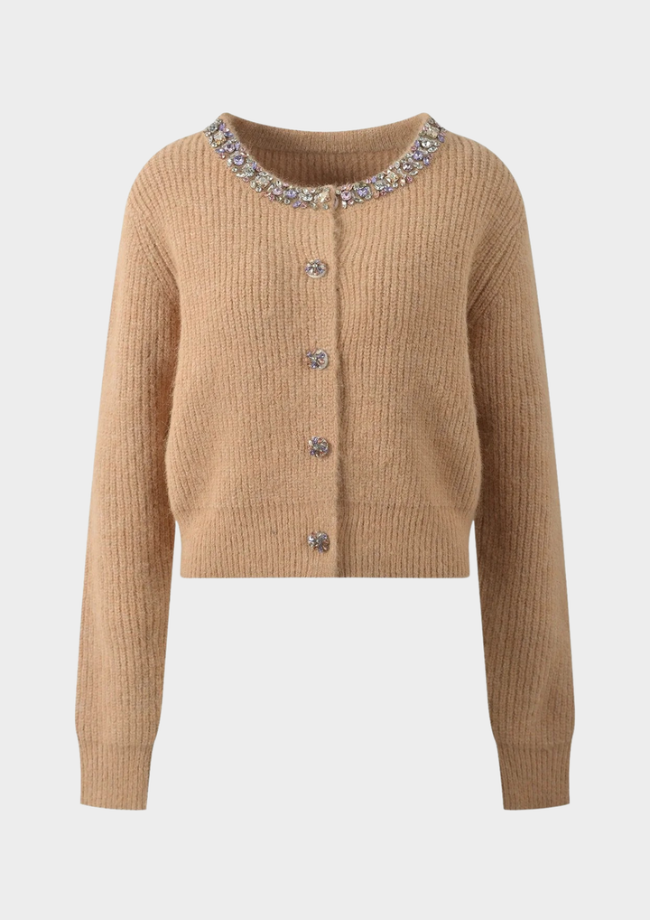 Embellished Round-Neck Wool Knit Cardigan
