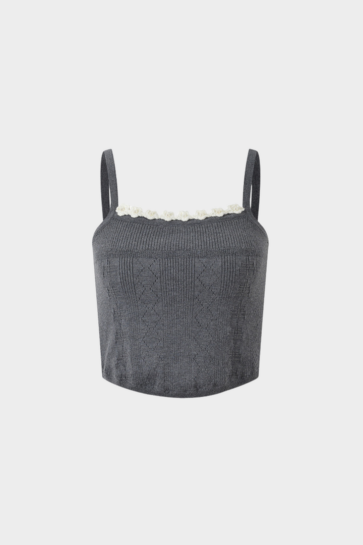 Grey Floral Pearl Knit Camisole Top