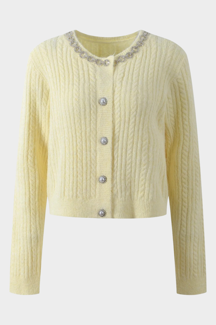 Wool Diamond Embellished Round Neck Short Cardigan