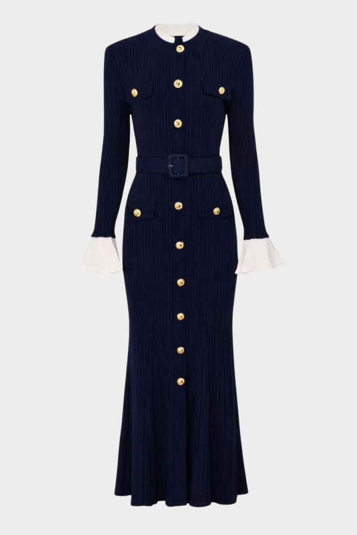 Majestic Knit Contrast Cuffs Sculpted Waist  Maxi Dress