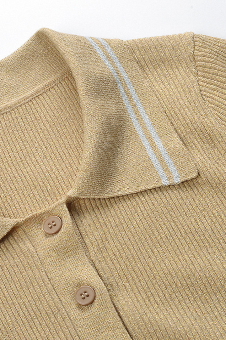 Lily – Golden Sand Polo Collar Pleated Viscose  Knit Maxi Dress