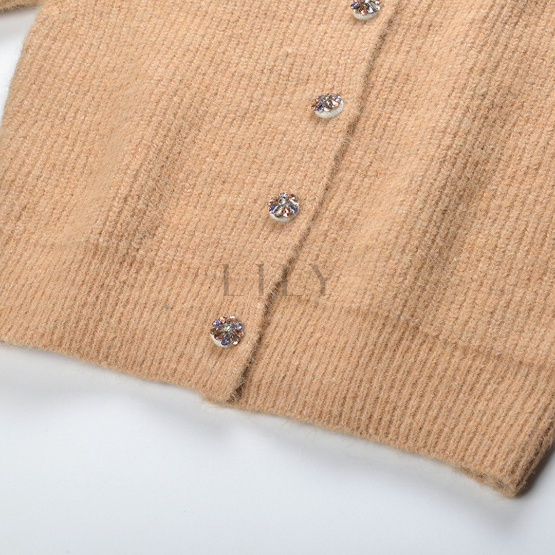 Embellished Round-Neck Wool Knit Cardigan
