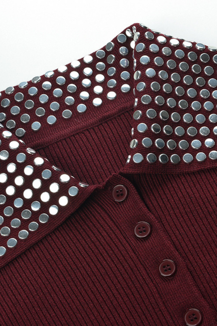 Elegant Burgundy Stud Collar Ribbed Wool Polo Top