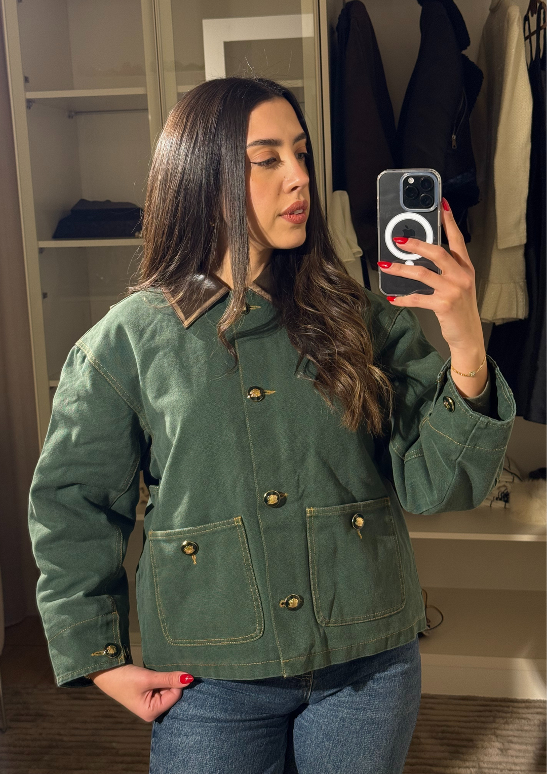 Leather Collar Casual Denim Green Jacket