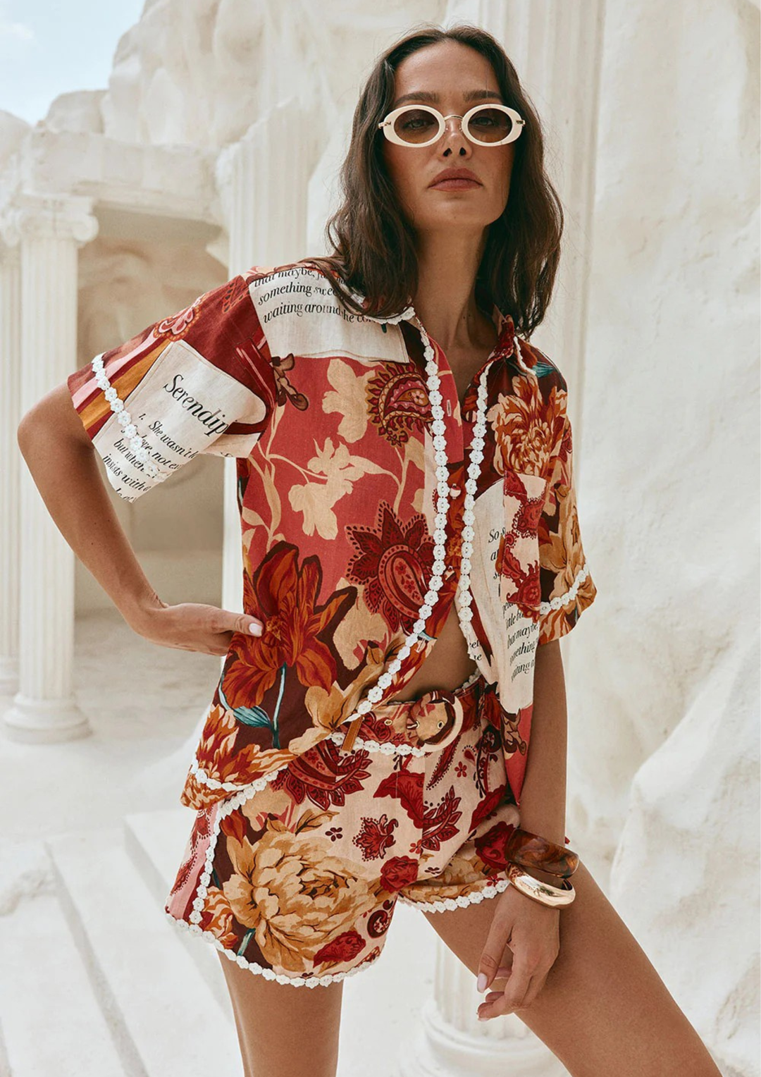 Vintage Floral Belted Shorts Set