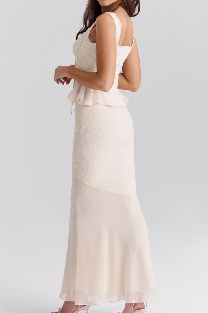 Ivory Bloom Peplum Embroidered Mesh Maxi Skirt Set
