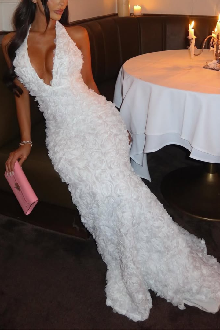 Vienna White Rose Floral Backless Fishtail Maxi Dress