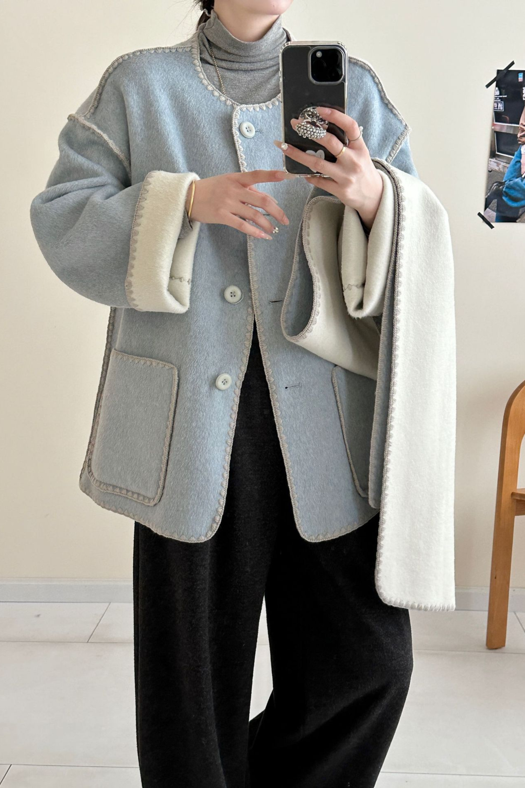 Angelic Soft Stitch Coat Scarf Cardigan - Sky Ivory
